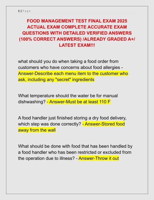 FOOD MANAGEMENT TEST FINAL EXAM 2025 ACTUAL EXAM COMPLETE ACCURATE EXAM QUESTIONS WITH DETAILED VERIFIED ANSWERS