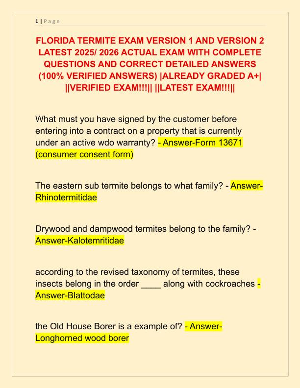 FLORIDA TERMITE EXAM VERSION 1 AND VERSION 2 LATEST 2025