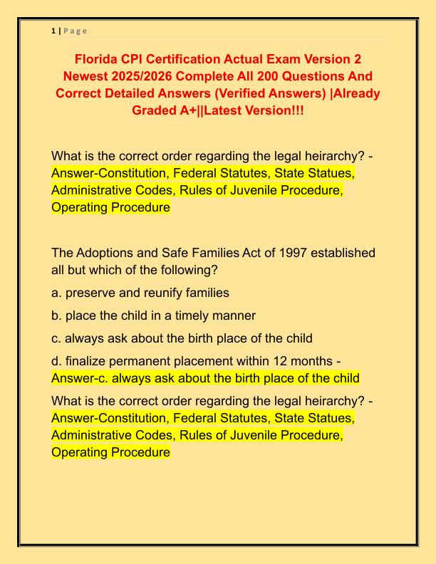 Florida CPI Certification Actual Exam Version 2 Newest 2025