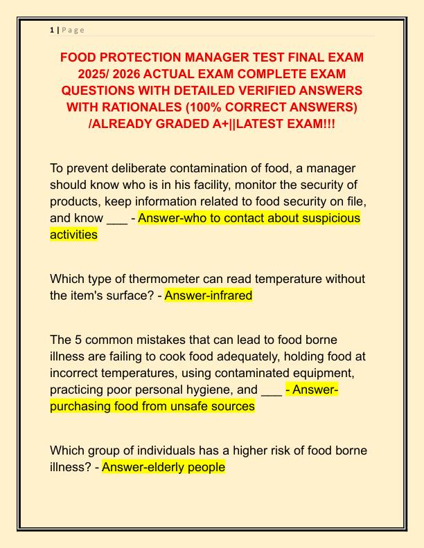 FOOD PROTECTION MANAGER TEST FINAL EXAM 2025