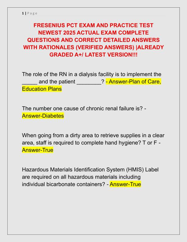 FRESENIUS PCT EXAM AND PRACTICE TEST NEWEST 2025 ACTUAL EXAM COMPLETE QUESTIONS AND CORRECT DETAILED ANSWERS WITH RATIONALES