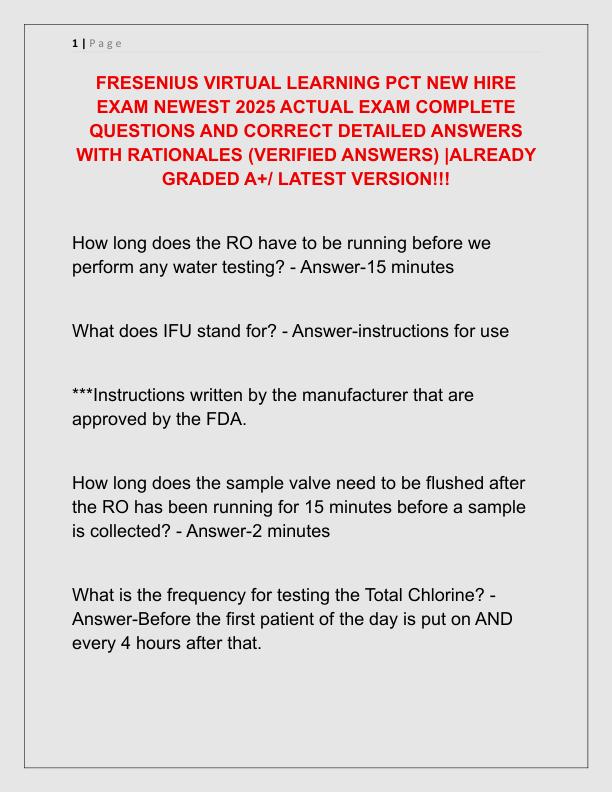 FRESENIUS VIRTUAL LEARNING PCT NEW HIRE EXAM NEWEST 2025 ACTUAL EXAM COMPLETE QUESTIONS AND CORRECT DETAILED ANSWERS WITH RATIONALES