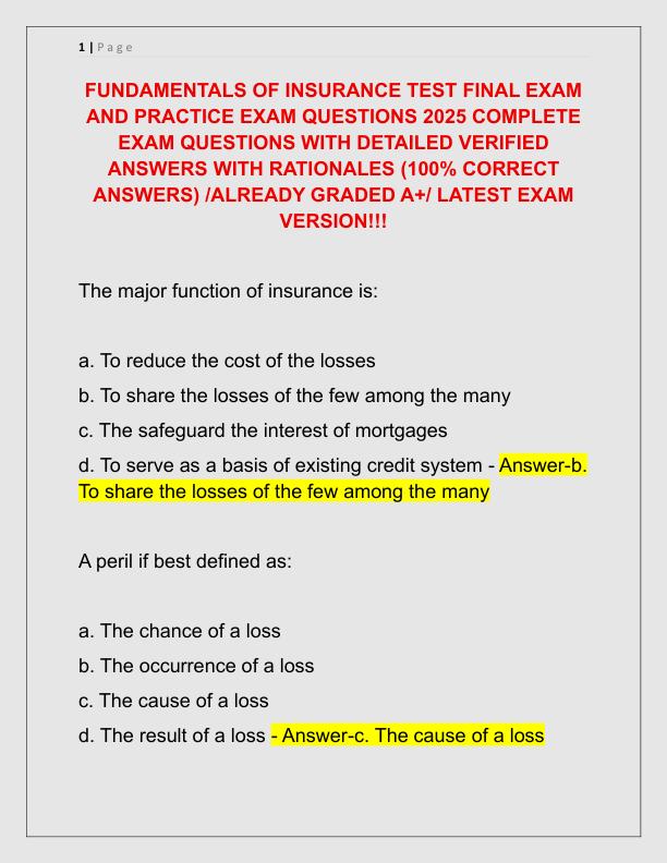 FUNDAMENTALS OF INSURANCE TEST FINAL EXAM AND PRACTICE EXAM QUESTIONS 2025 COMPLETE EXAM QUESTIONS WITH DETAILED VERIFIED ANSWERS WITH RATIONALES