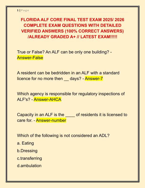 FLORIDA ALF CORE FINAL TEST EXAM 2025