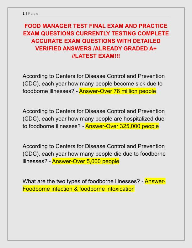 FOOD MANAGER TEST FINAL EXAM AND PRACTICE EXAM QUESTIONS CURRENTLY TESTING COMPLETE ACCURATE EXAM QUESTIONS WITH DETAILED VERIFIED ANSWERS
