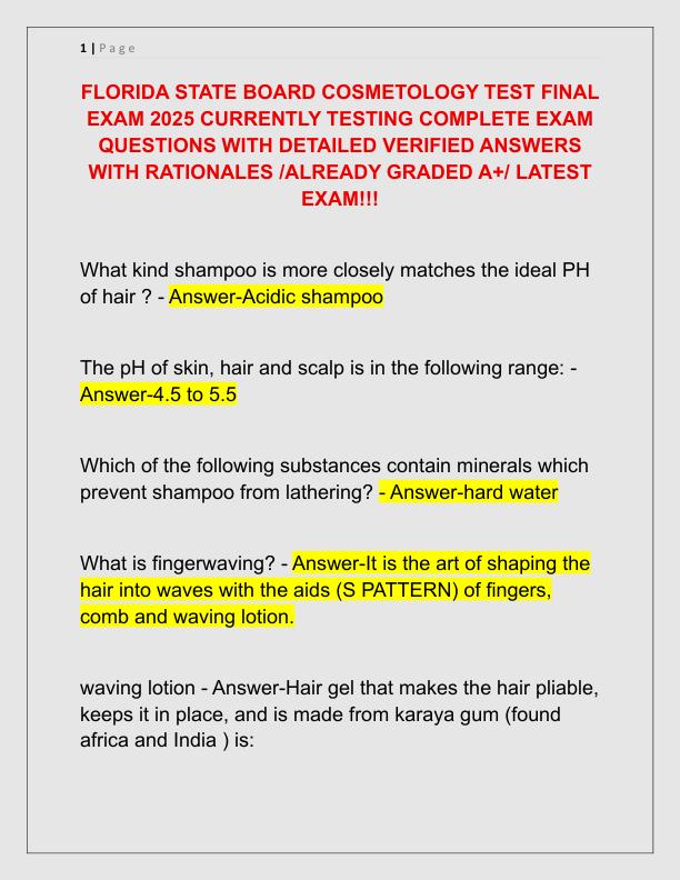FLORIDA STATE BOARD COSMETOLOGY TEST FINAL EXAM 2025 CURRENTLY TESTING COMPLETE EXAM QUESTIONS WITH DETAILED VERIFIED ANSWERS WITH RATIONALES