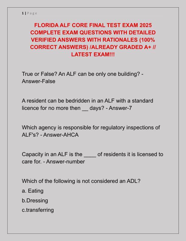 FLORIDA ALF CORE FINAL TEST EXAM 2025 COMPLETE EXAM QUESTIONS WITH DETAILED VERIFIED ANSWERS WITH RATIONALES