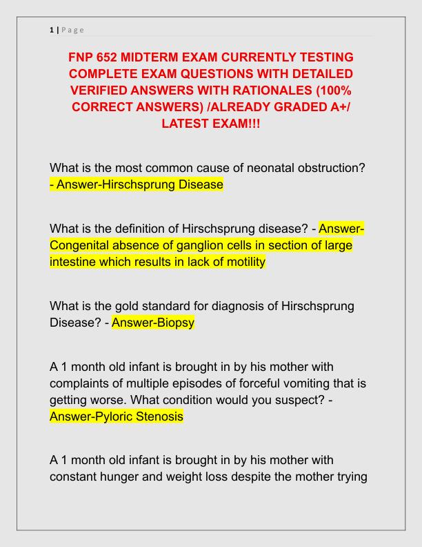 FNP 652 MIDTERM EXAM CURRENTLY TESTING COMPLETE EXAM QUESTIONS WITH DETAILED VERIFIED ANSWERS WITH RATIONALES