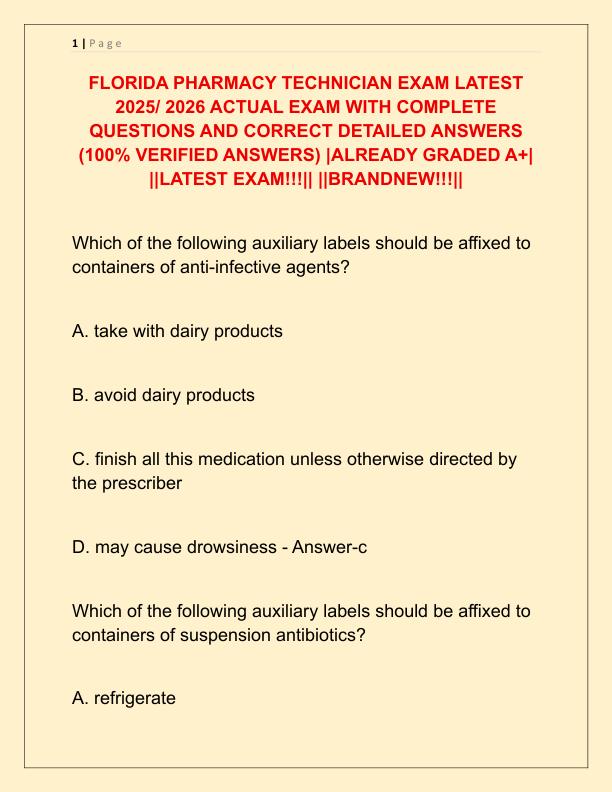 FLORIDA PHARMACY TECHNICIAN EXAM LATEST 2025