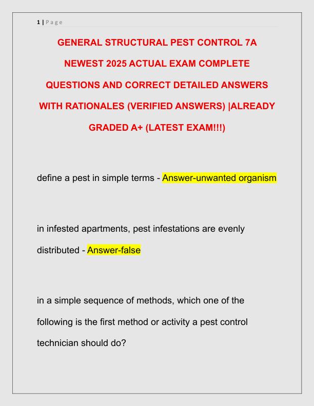 GENERAL STRUCTURAL PEST CONTROL 7A NEWEST 2025 ACTUAL EXAM COMPLETE QUESTIONS AND CORRECT DETAILED ANSWERS WITH RATIONALES