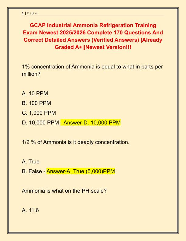 GCAP Industrial Ammonia Refrigeration Training Exam Newest 2025