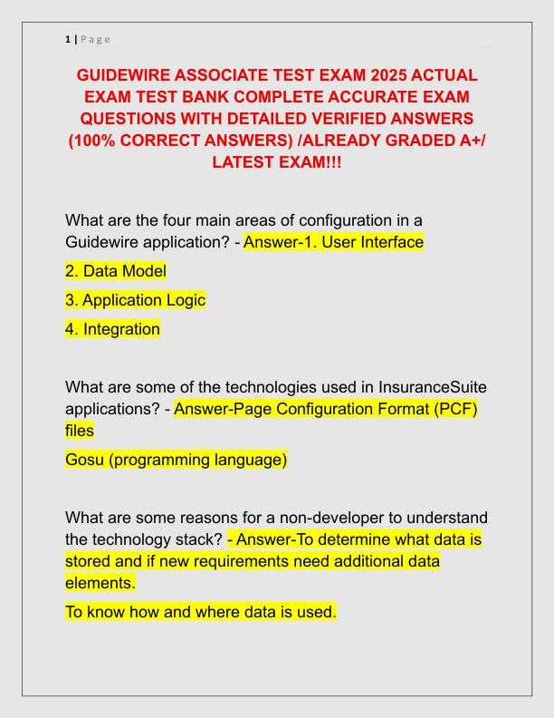 GUIDEWIRE ASSOCIATE TEST EXAM 2025 ACTUAL EXAM TEST BANK COMPLETE ACCURATE EXAM QUESTIONS WITH DETAILED VERIFIED ANSWERS
