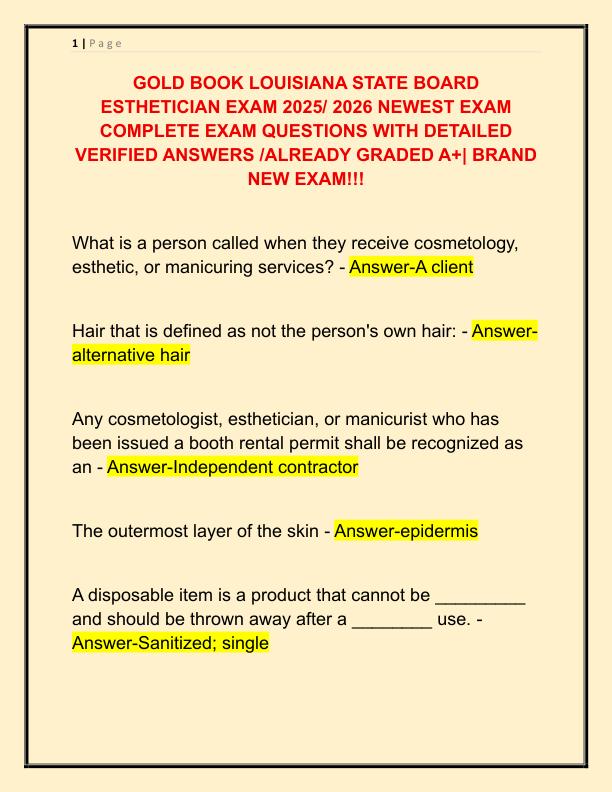 GOLD BOOK LOUISIANA STATE BOARD ESTHETICIAN EXAM 2025