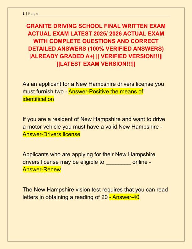 GRANITE DRIVING SCHOOL FINAL WRITTEN EXAM ACTUAL EXAM LATEST 2025