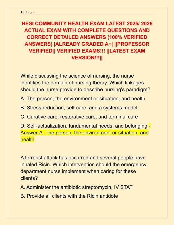 HESI COMMUNITY HEALTH EXAM LATEST 2025