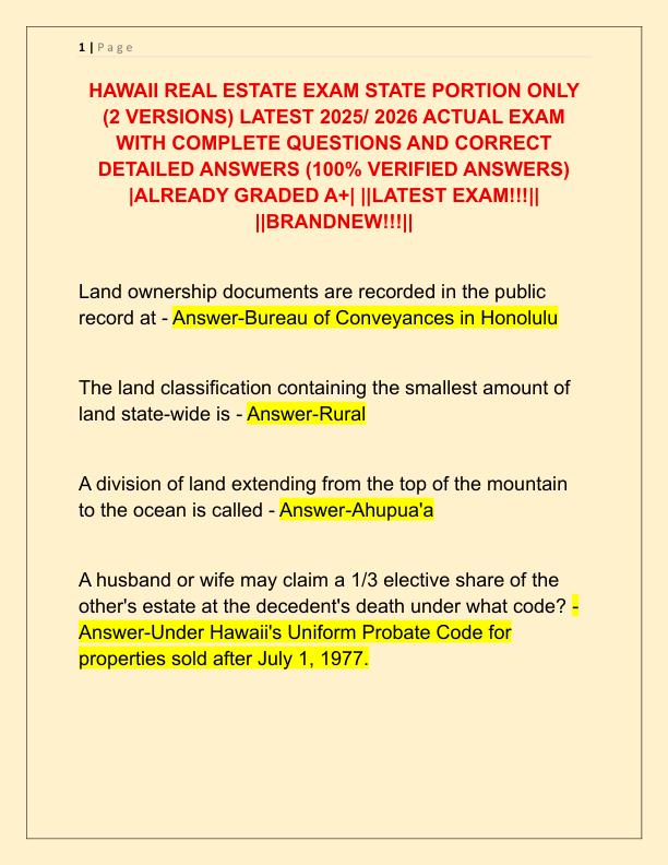 HAWAII REAL ESTATE EXAM STATE PORTION ONLY