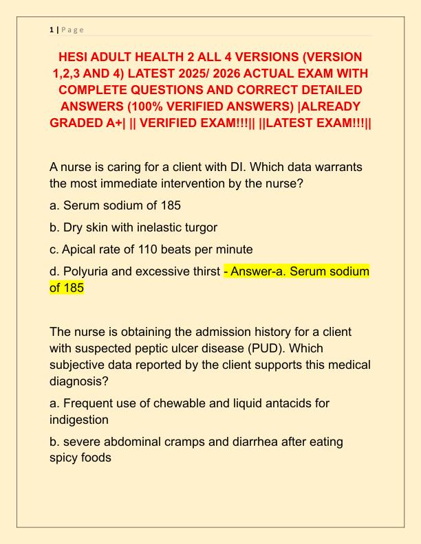 HESI ADULT HEALTH 2 ALL 4 VERSIONS