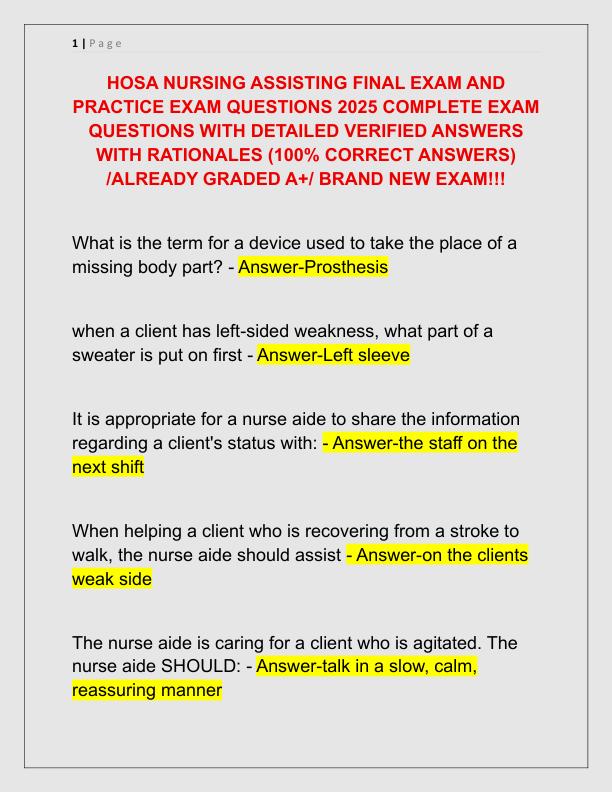 HOSA NURSING ASSISTING FINAL EXAM AND PRACTICE EXAM QUESTIONS 2025 COMPLETE EXAM QUESTIONS WITH DETAILED VERIFIED ANSWERS WITH RATIONALES