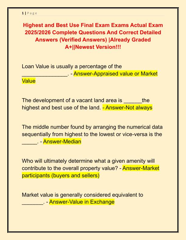 Highest and Best Use Final Exam Exams Actual Exam 2025