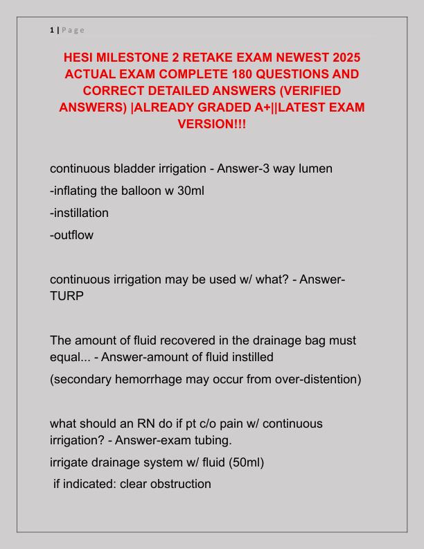 HESI MILESTONE 2 RETAKE EXAM NEWEST 2025 ACTUAL EXAM COMPLETE 180 QUESTIONS AND CORRECT DETAILED ANSWERS