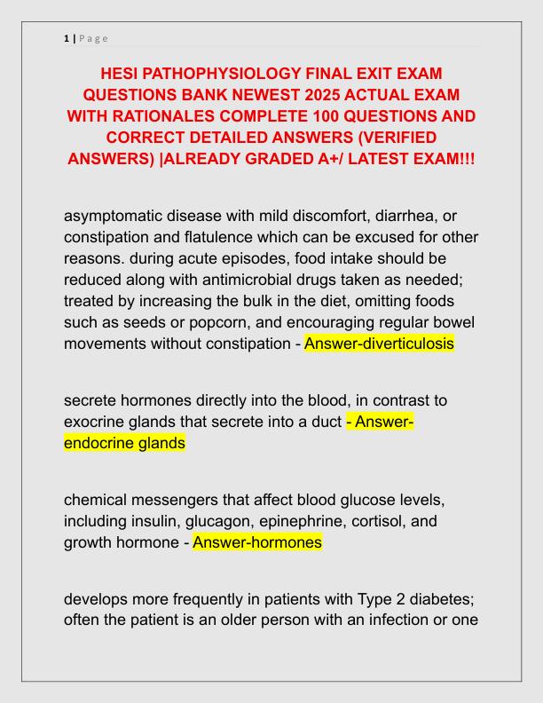 HESI PATHOPHYSIOLOGY FINAL EXIT EXAM QUESTIONS BANK NEWEST 2025 ACTUAL EXAM WITH RATIONALES COMPLETE 100 QUESTIONS AND CORRECT DETAILED ANSWERS