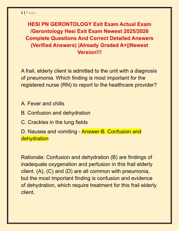 HESI PN GERONTOLOGY Exit Exam Actual Exam