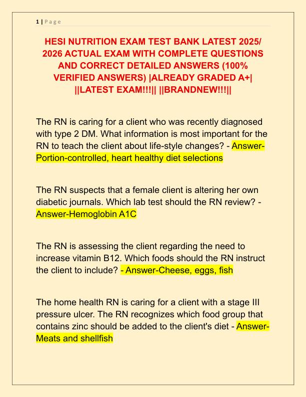 HESI NUTRITION EXAM TEST BANK LATEST 2025