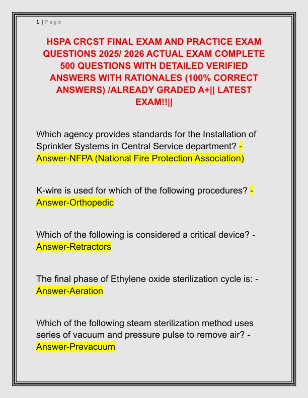 HSPA CRCST FINAL EXAM AND PRACTICE EXAM QUESTIONS 2025