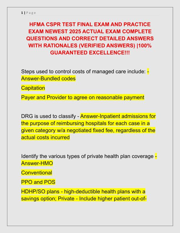 HFMA CSPR TEST FINAL EXAM AND PRACTICE EXAM NEWEST 2025 ACTUAL EXAM COMPLETE QUESTIONS AND CORRECT DETAILED ANSWERS WITH RATIONALES