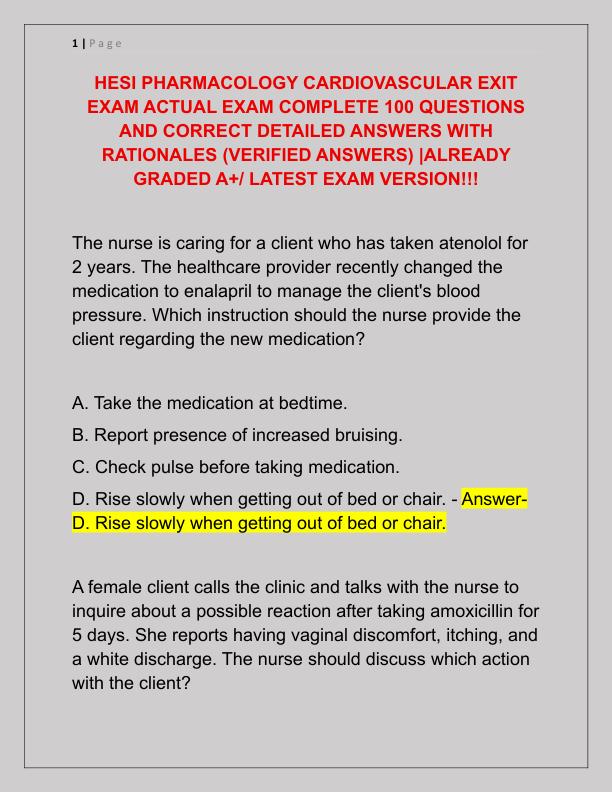 HESI PHARMACOLOGY CARDIOVASCULAR EXIT EXAM ACTUAL EXAM COMPLETE 100 QUESTIONS AND CORRECT DETAILED ANSWERS WITH RATIONALES