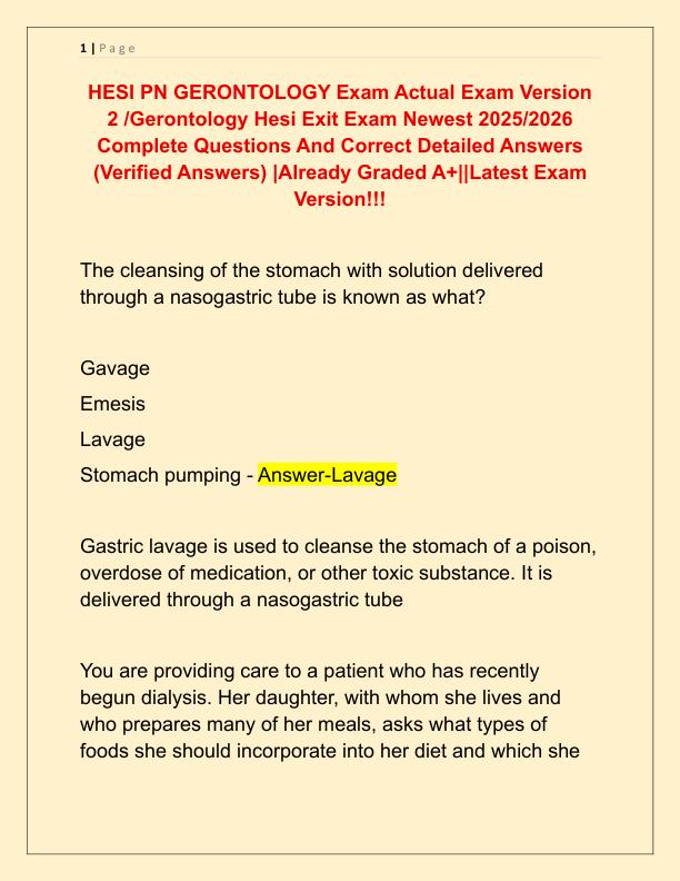HESI PN GERONTOLOGY Exam Actual Exam Version 2