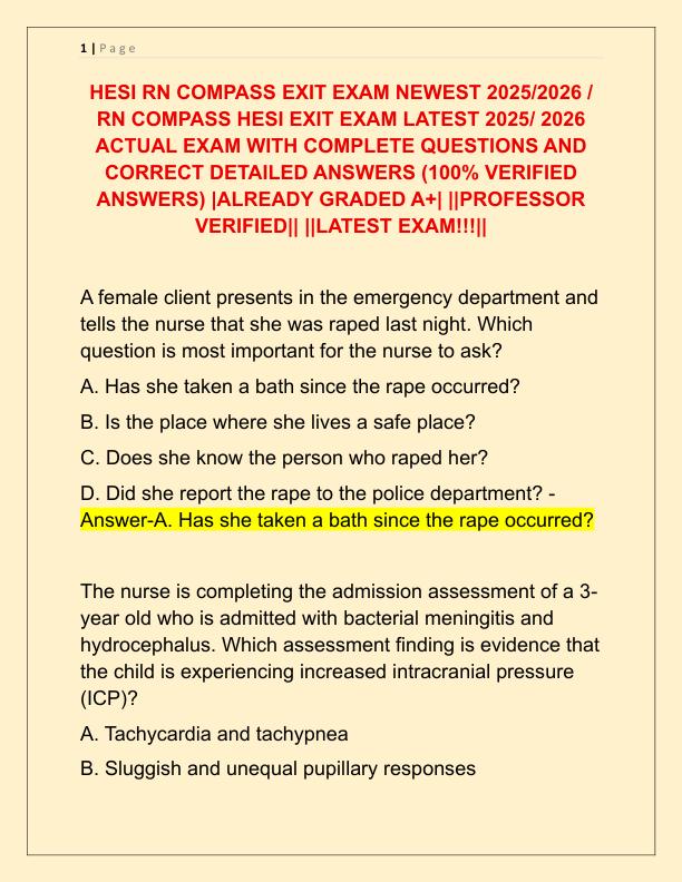 HESI RN COMPASS EXIT EXAM NEWEST 2025