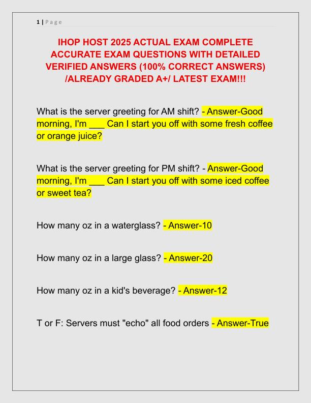 IHOP HOST 2025 ACTUAL EXAM COMPLETE ACCURATE EXAM QUESTIONS WITH DETAILED VERIFIED ANSWERS
