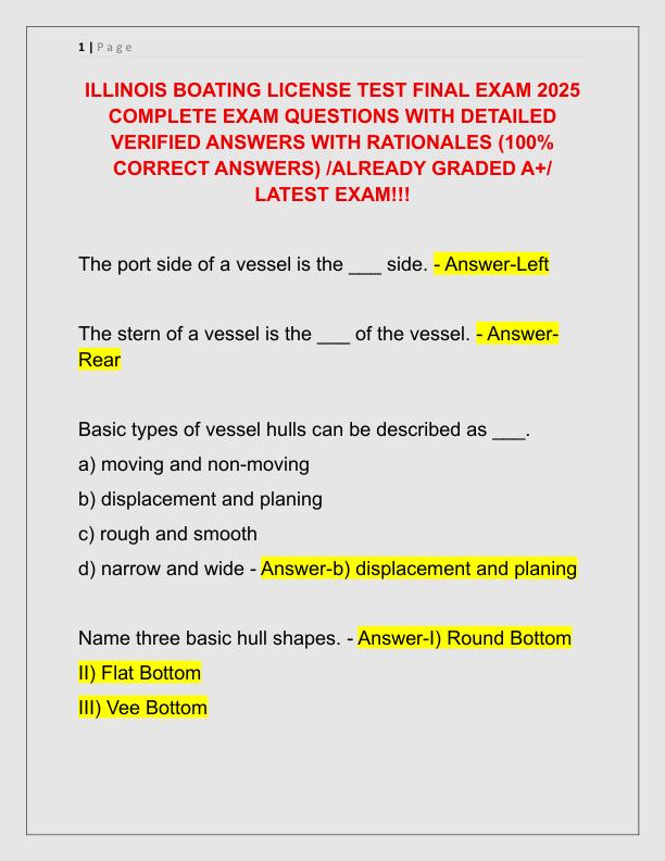 ILLINOIS BOATING LICENSE TEST FINAL EXAM 2025 COMPLETE EXAM QUESTIONS WITH DETAILED VERIFIED ANSWERS WITH RATIONALES