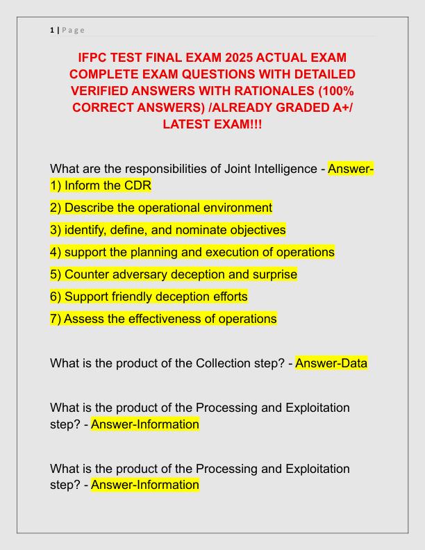 IFPC TEST FINAL EXAM 2025 ACTUAL EXAM COMPLETE EXAM QUESTIONS WITH DETAILED VERIFIED ANSWERS WITH RATIONALES