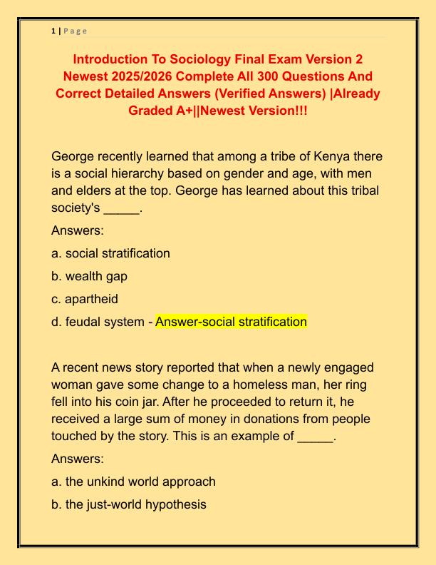 Introduction To Sociology Final Exam Version 2 Newest 2025