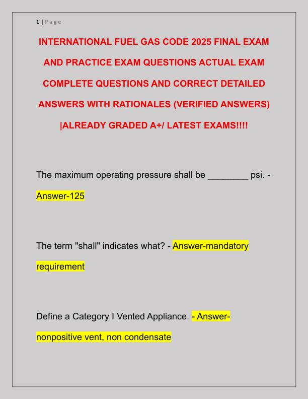 INTERNATIONAL FUEL GAS CODE 2025 FINAL EXAM AND PRACTICE EXAM QUESTIONS ACTUAL EXAM COMPLETE QUESTIONS AND CORRECT DETAILED ANSWERS WITH RATIONALES