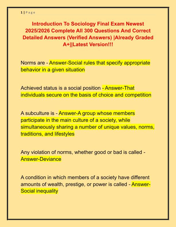 Introduction To Sociology Final Exam Newest 2025