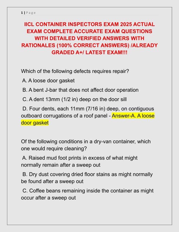 IICL CONTAINER INSPECTORS EXAM 2025 ACTUAL EXAM COMPLETE ACCURATE EXAM QUESTIONS WITH DETAILED VERIFIED ANSWERS WITH RATIONALES