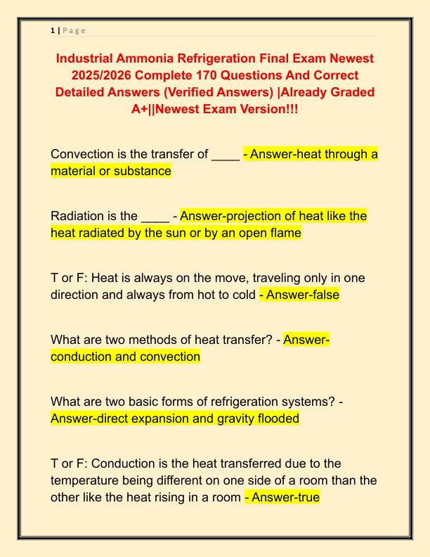 Industrial Ammonia Refrigeration Final Exam Newest 2025