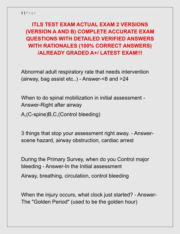 ITLS TEST EXAM ACTUAL EXAM 2 VERSIONS