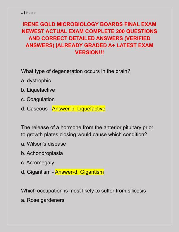 IRENE GOLD MICROBIOLOGY BOARDS FINAL EXAM NEWEST ACTUAL EXAM COMPLETE 200 QUESTIONS AND CORRECT DETAILED ANSWERS