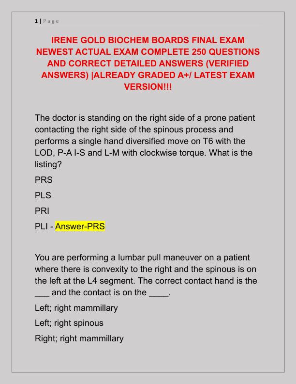 IRENE GOLD BIOCHEM BOARDS FINAL EXAM NEWEST ACTUAL EXAM COMPLETE 250 QUESTIONS AND CORRECT DETAILED ANSWERS