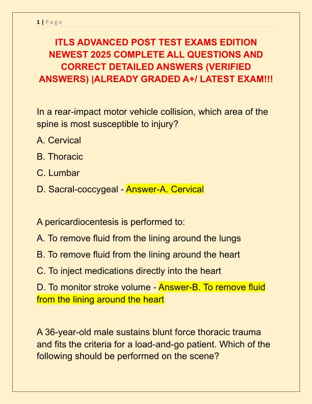 ITLS ADVANCED POST TEST EXAMS EDITION NEWEST 2025 COMPLETE ALL QUESTIONS AND CORRECT DETAILED ANSWERS