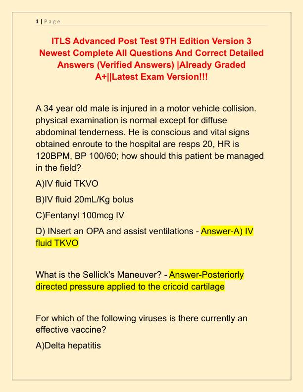 ITLS Advanced Post Test 9TH Edition Version 3 Newest Complete All Questions And Correct Detailed Answers