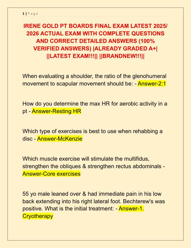 IRENE GOLD PT BOARDS FINAL EXAM LATEST 2025