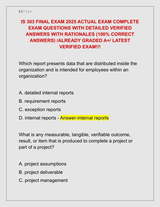 IS 303 FINAL EXAM 2025 ACTUAL EXAM COMPLETE EXAM QUESTIONS WITH DETAILED VERIFIED ANSWERS WITH RATIONALES