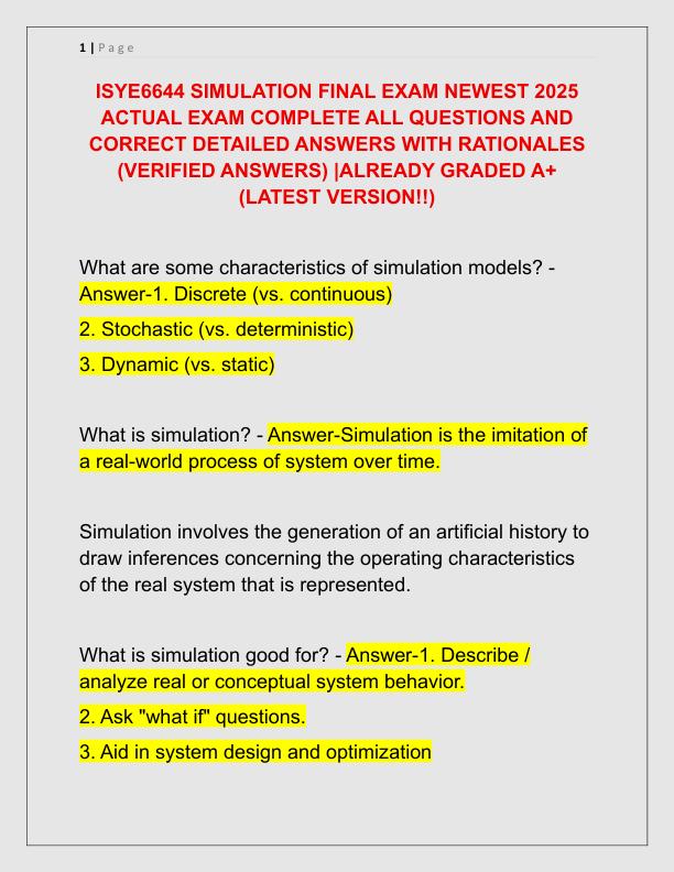 ISYE6644 SIMULATION FINAL EXAM NEWEST 2025 ACTUAL EXAM COMPLETE ALL QUESTIONS AND CORRECT DETAILED ANSWERS WITH RATIONALES