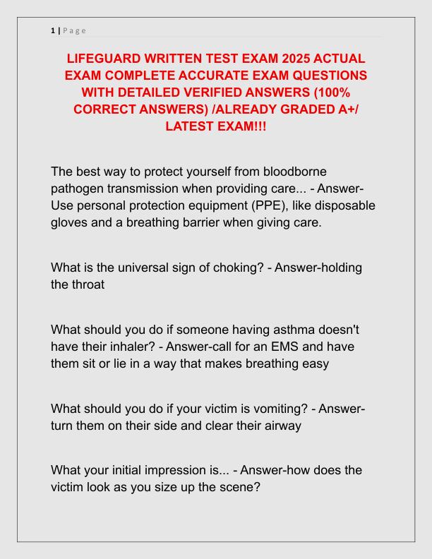 LIFEGUARD WRITTEN TEST EXAM 2025 ACTUAL EXAM COMPLETE ACCURATE EXAM QUESTIONS WITH DETAILED VERIFIED ANSWERS