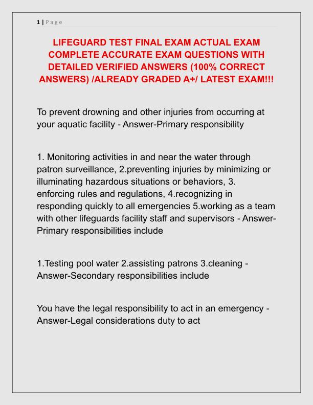 LIFEGUARD TEST FINAL EXAM ACTUAL EXAM COMPLETE ACCURATE EXAM QUESTIONS WITH DETAILED VERIFIED ANSWERS